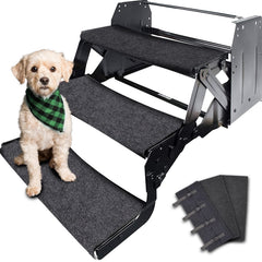 RVMATE RV step rug with snap fasteners for quick attachment on stairs.