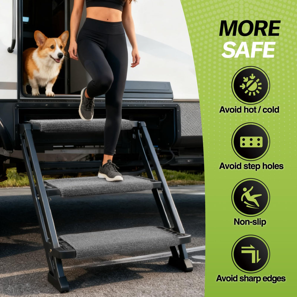 RVMATE RV step rug made of weather-resistant polyester for outdoor use.