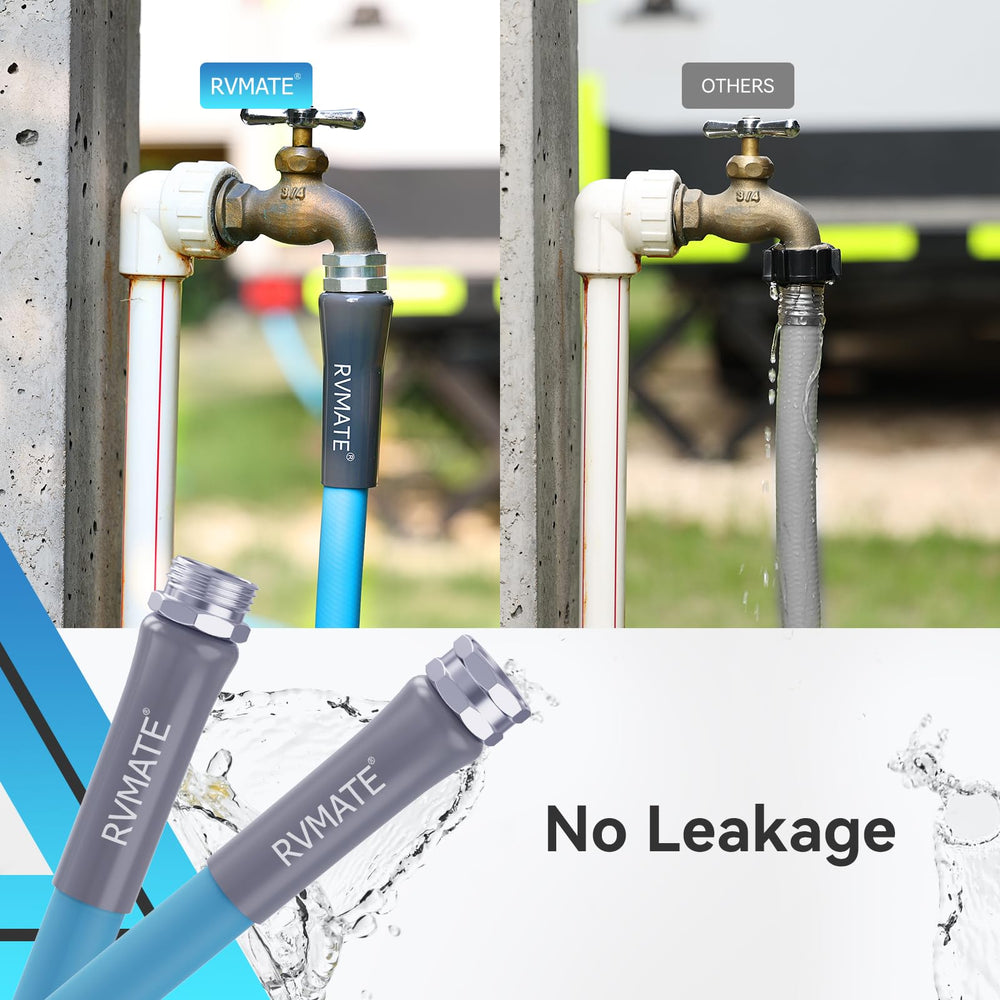 RVMATE all-weather hose stays flexible from cold to heat for camping use