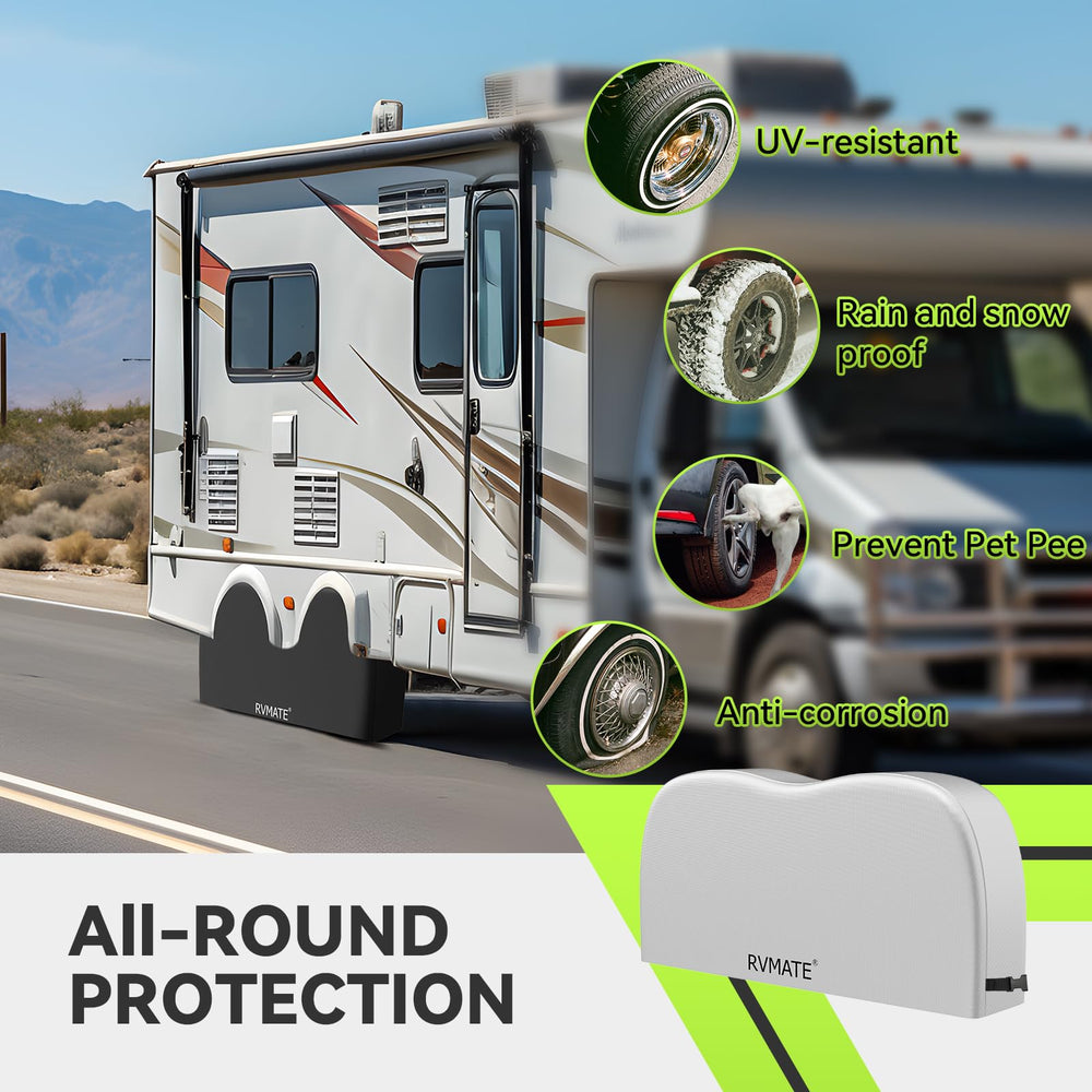 RVMATE waterproof UV-armor tire cover features 420D oxford fabric.