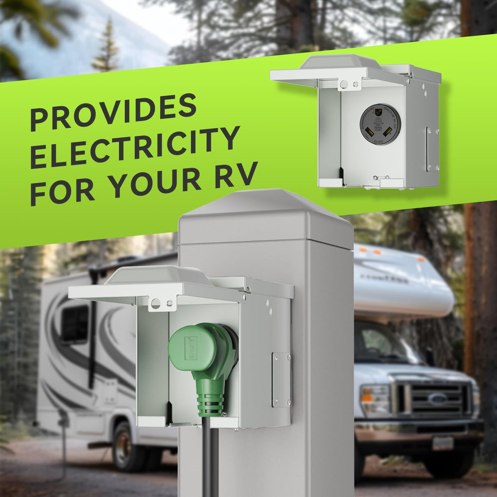 RVMATE TT-30R receptacle in outdoor setting ready for camping connections.