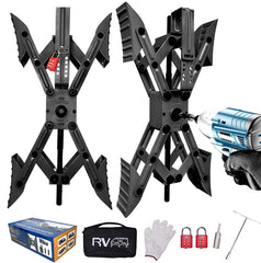RVPNR Camper X-Shaped Wheel Chock Stabilizer securing tandem tires on a slope.