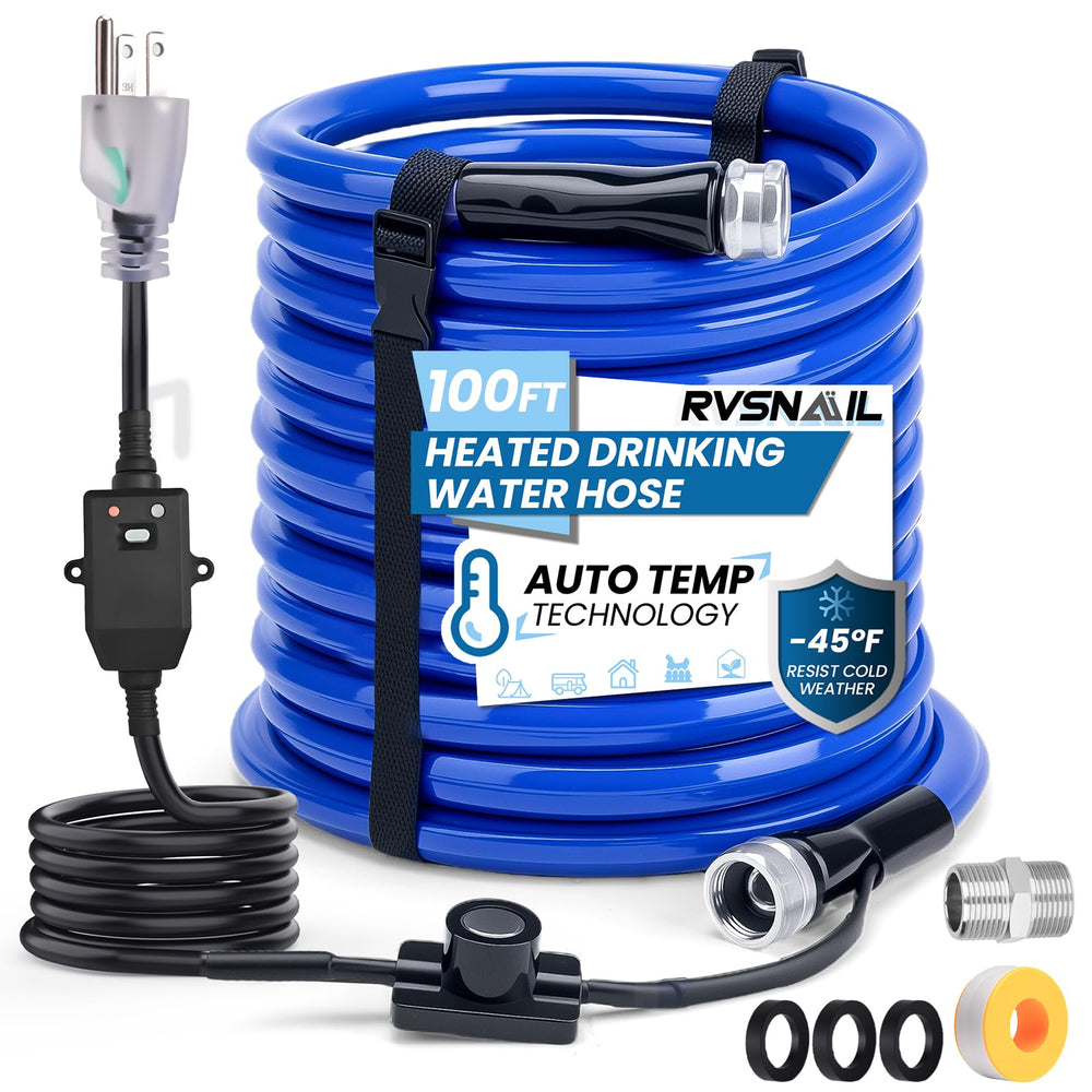 RVSNAIL 100ft heated hose in outdoor winter setup maintains water flow