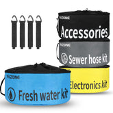 RVZONE blue hose storage bag showing large capacity for water hoses.