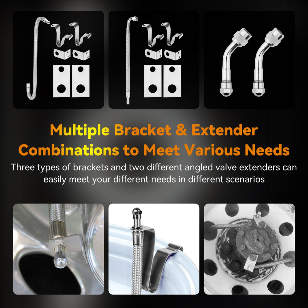 RVZONE valve stem extender brackets secure hoses during tire inflation