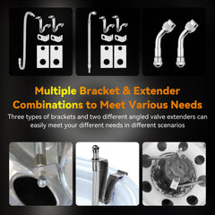 RVZONE valve stem extender brackets secure hoses during tire inflation