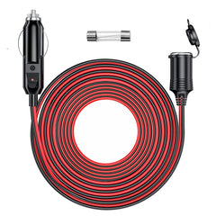 RWUJILONG 12V/24V extension cord stretched to reach a car outlet for multiple devices.