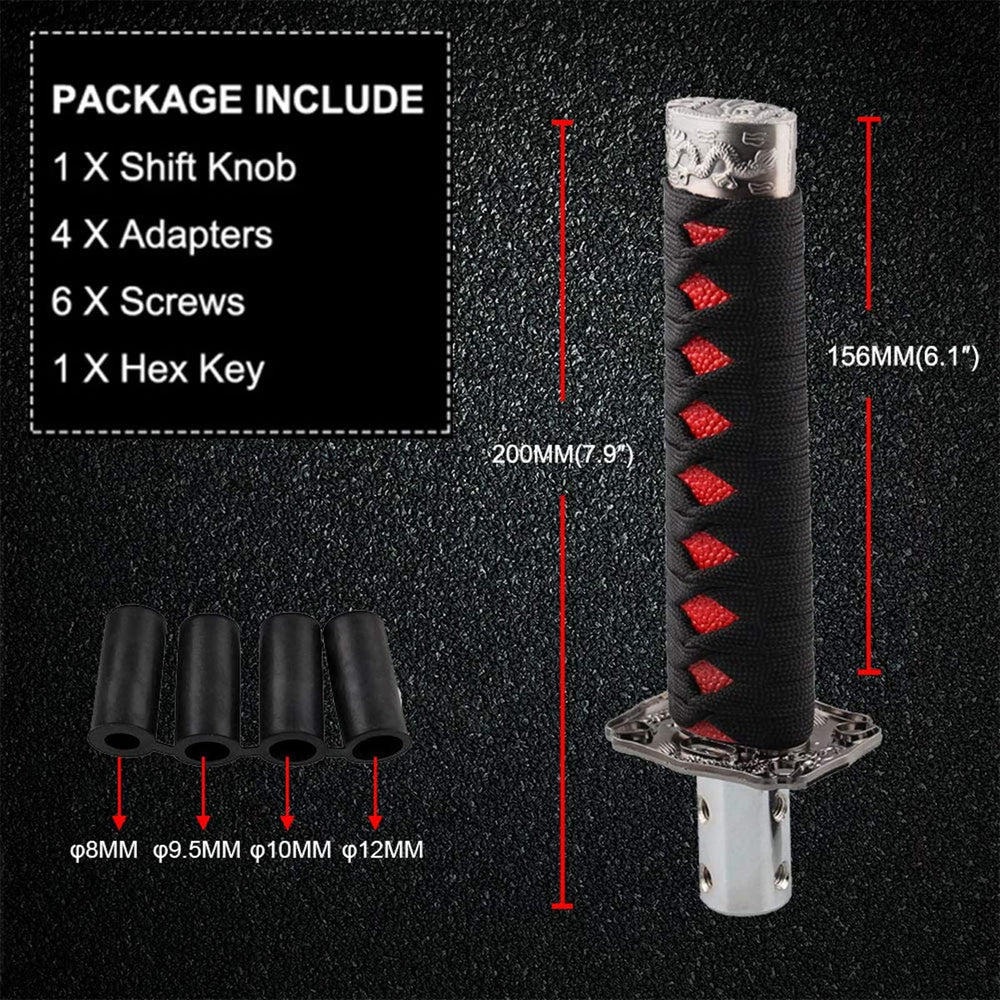 Detailed texture of alloy core, silk wrap, and rayskin on the Katana knob.