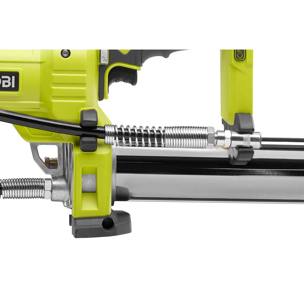 RYOBI 18V Grease Gun P3410 30-inch hose reaches hard-to-access fittings.