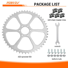 RZEOZU packing list includes sprocket, master links, screws, nuts, and wrench