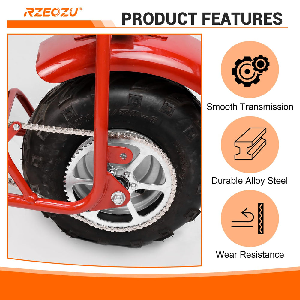 RZEOZU silver drive chain enhances minibike aesthetics and performance.