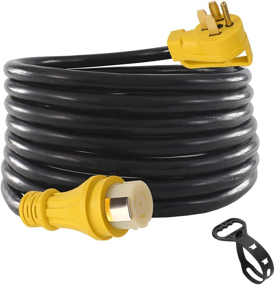 S7 50ft 50amp RV extension cord coiled for easy storage and campsite power.