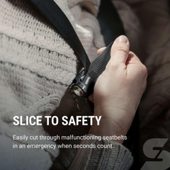 SABRE Safe Escape Tool seat belt cutter enables rapid freeing after impact.