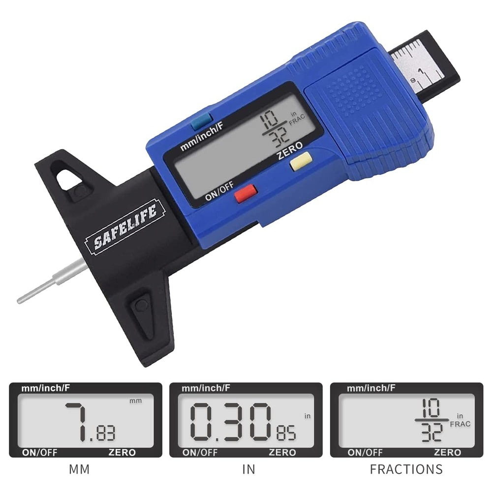 SAFELIFE zeroable tire depth gauge closeup enabling precise zero reference