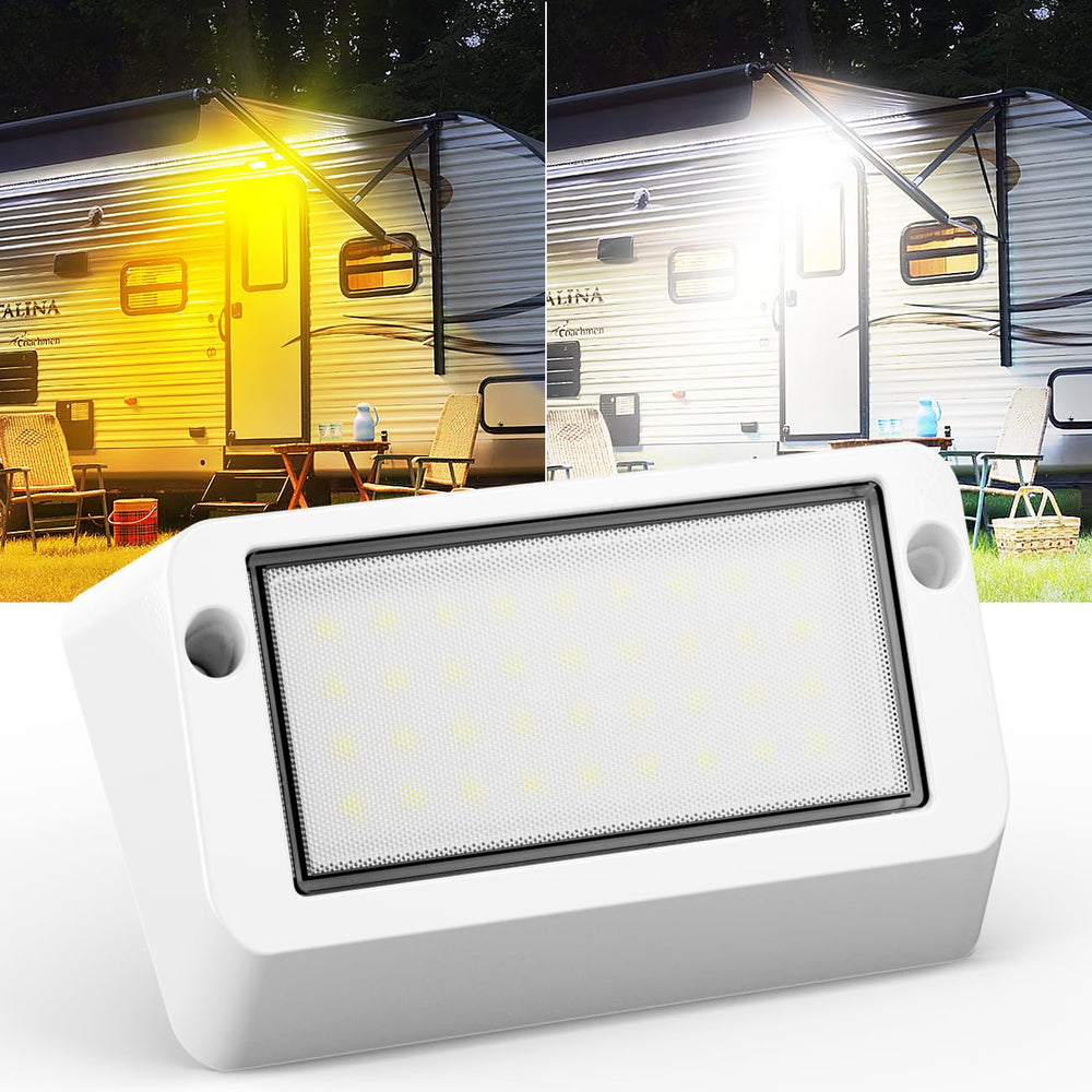 Safoner aluminum RV LED porch light dual color white amber for versatile exterior illumination.