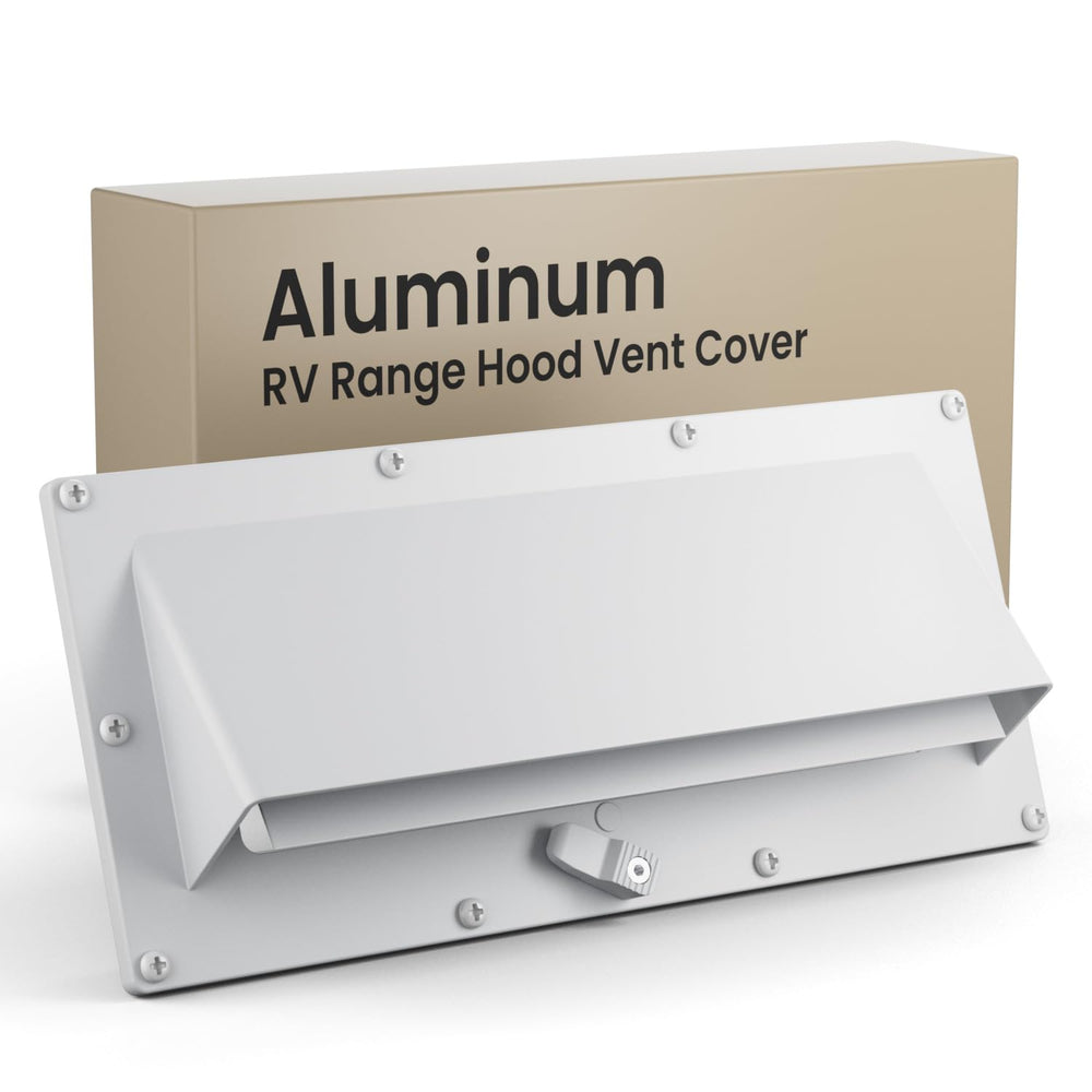 Safoner aluminum RV stove vent hood cover shows adjustable depth for a precise fit.
