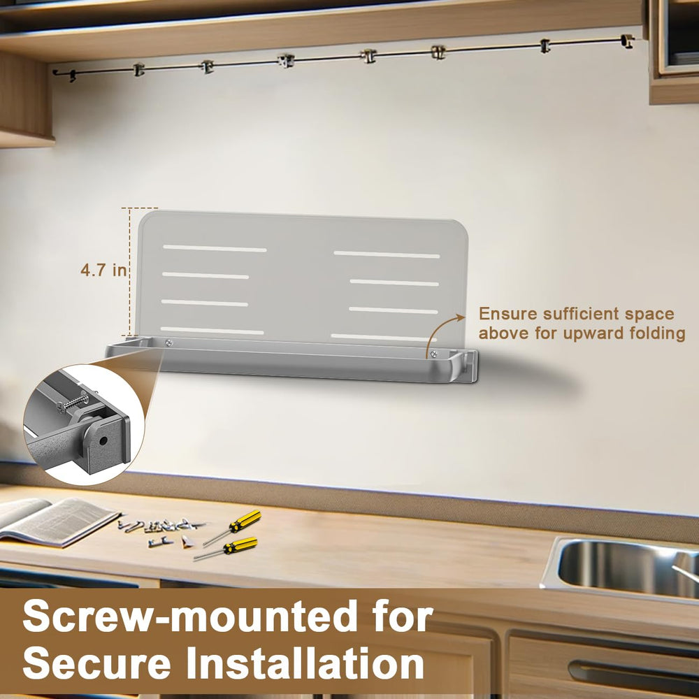 Safoner fold-down shelf extended to hold drinks and devices