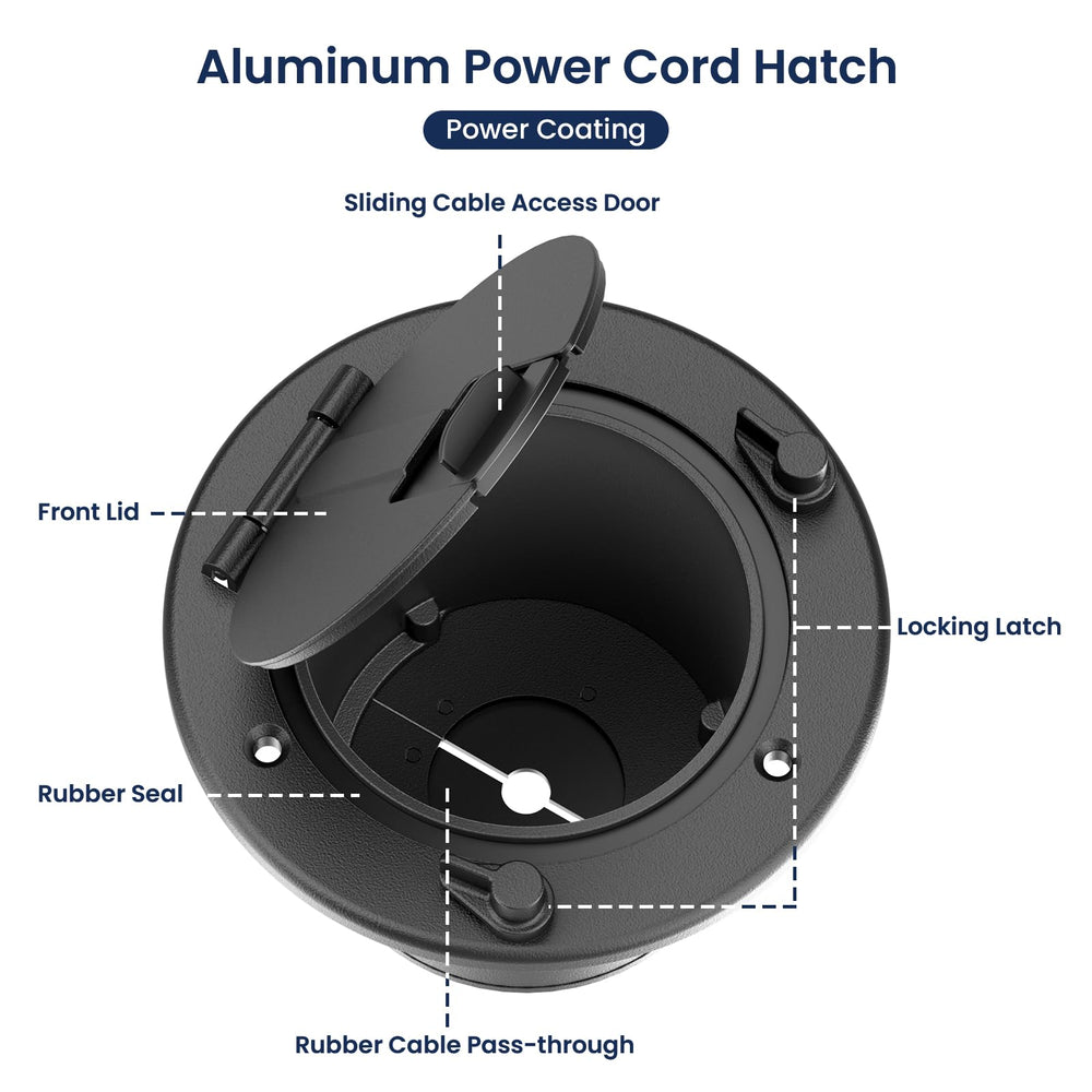 Safoner RV cable pass-through hatch compatible with 30A and 50A cords.