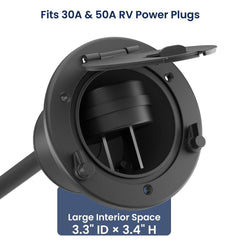 Safoner RV cable pass-through hatch with lid open and 50A plug fitted.