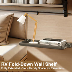 Safoner RV fold-down wall shelf open for quick access to items.