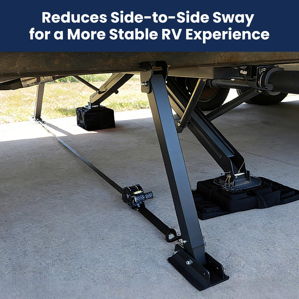 Safoner I-Beam Stabilizer ratchet strap enhances side-to-side stability during setup.