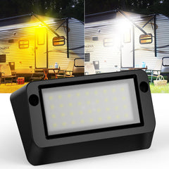 Safoner RV porch light front view with rugged black housing and bright LEDs for outdoor use.