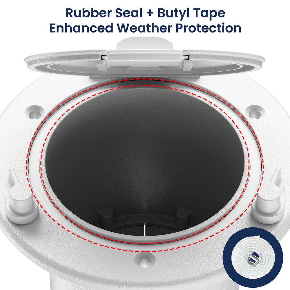 Safoner hatch cover 3.5-inch opening supports standard RV plugs.
