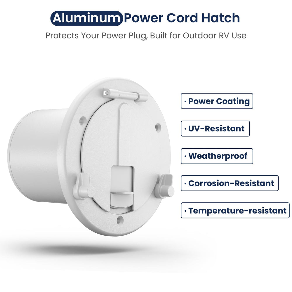 Safoner RV hatch cover side view shows rugged aluminum durability outdoors.