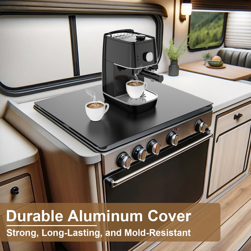 Safoner RV stove cover highlights non-slip silicone strips for stable cooking.