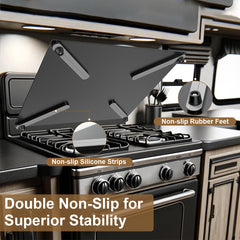 Safoner stove cover features rubber feet to reduce rattling during travel.