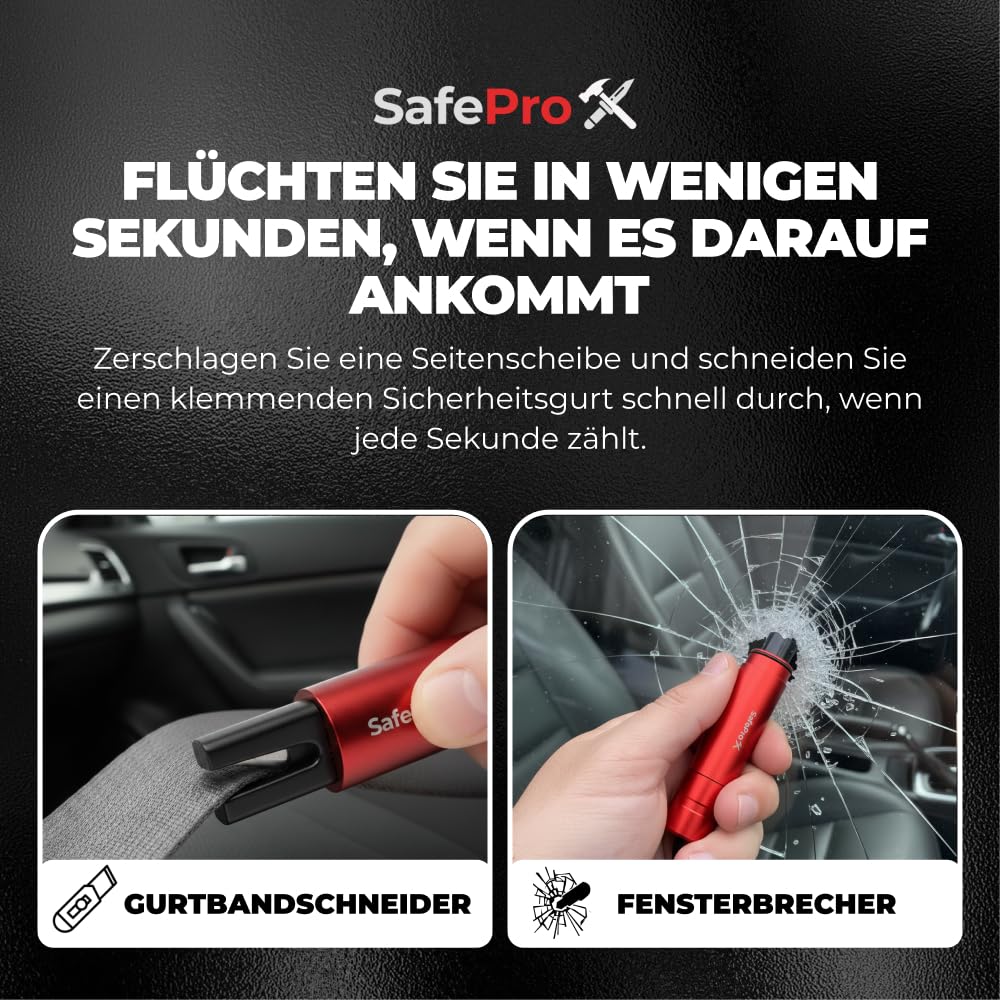 SafePro X seatbelt cutter in use, enabling fast belt release.