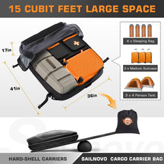 Sailnovo rooftop carrier bag showing 15 cubic feet capacity for family travel