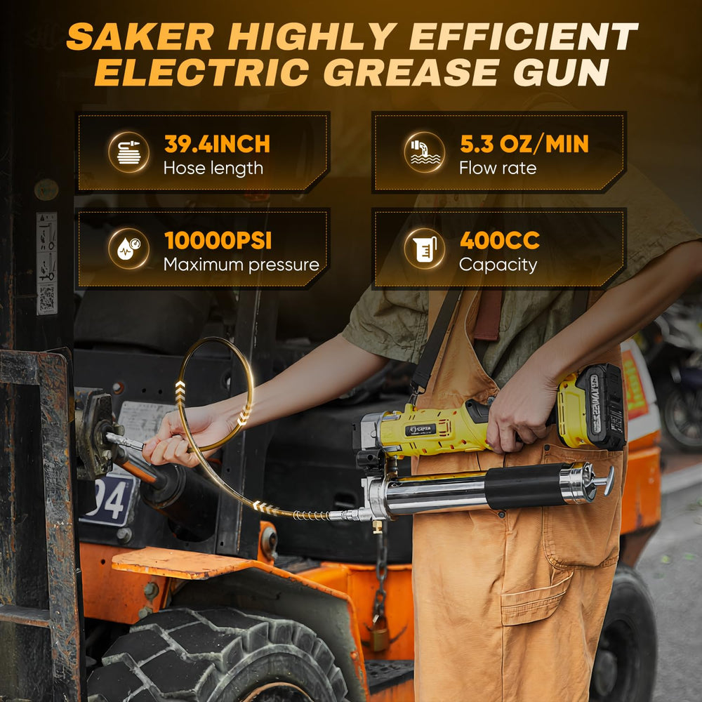 Saker grease gun at 10,000 PSI enables efficient heavy-duty lubrication.