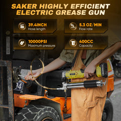 Saker grease gun at 10,000 PSI enables efficient heavy-duty lubrication.
