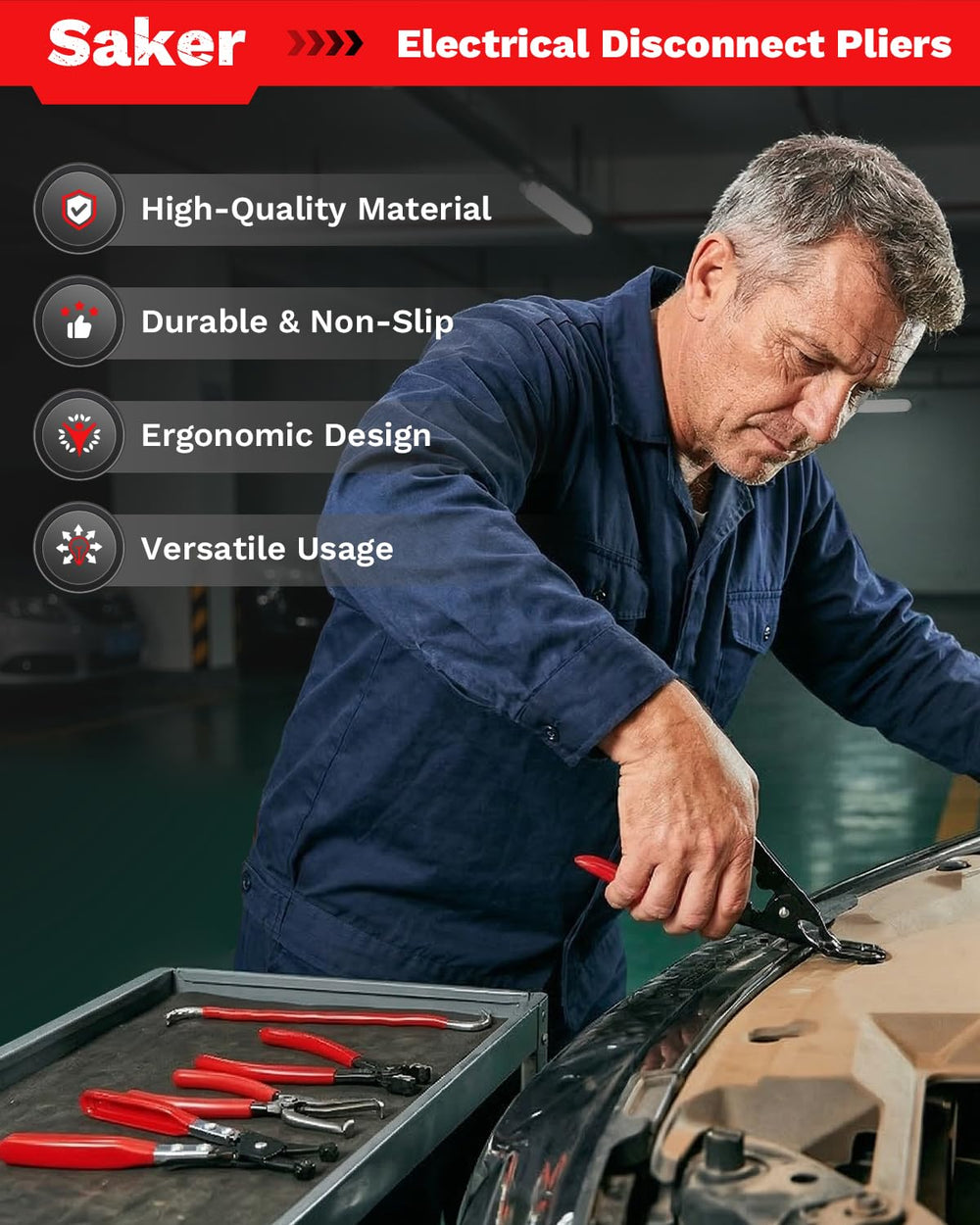 Saker electrical disconnect pliers set in engine bay demonstrates broad reach for terminal access.