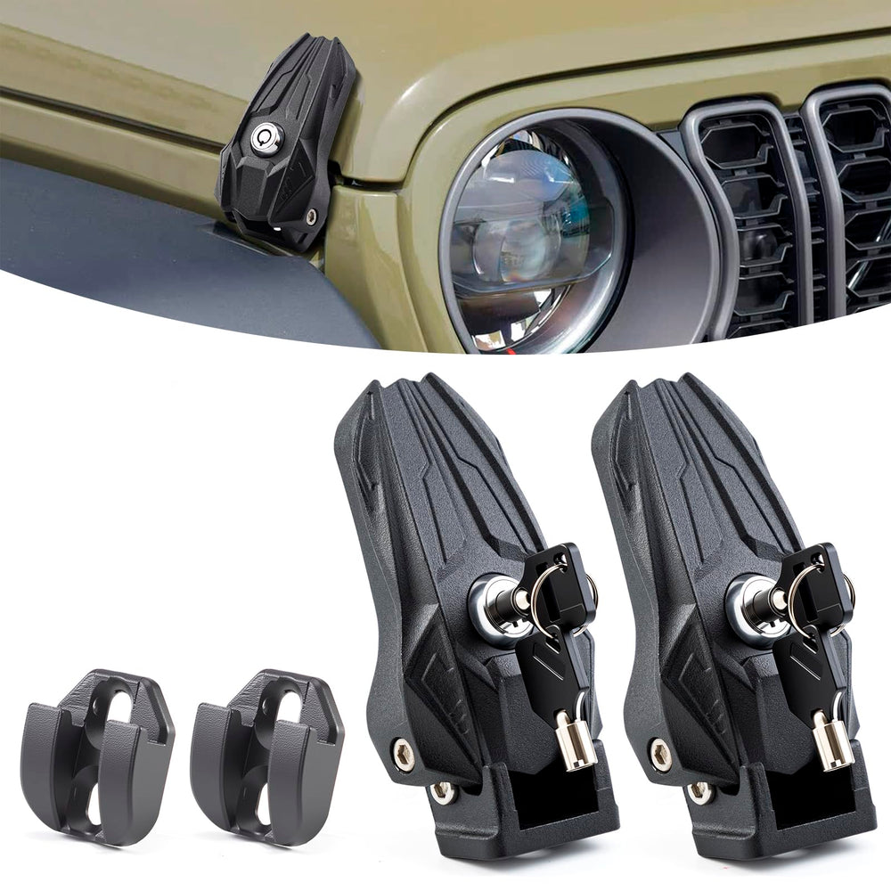 Salahii locking hood latches with jet fighter front view showing secure design