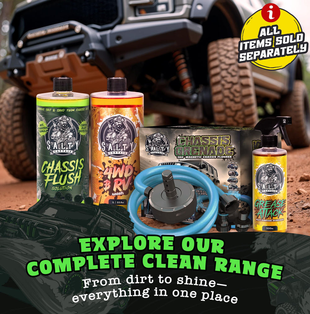 4WDs, ATVs, UTVs, and trailers maintained with Chassis Flush underbody care