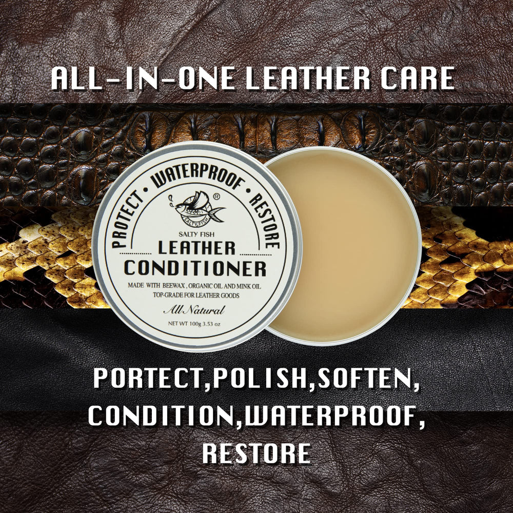 SALTY FISH leather conditioner label closeup shows natural ingredients and design.