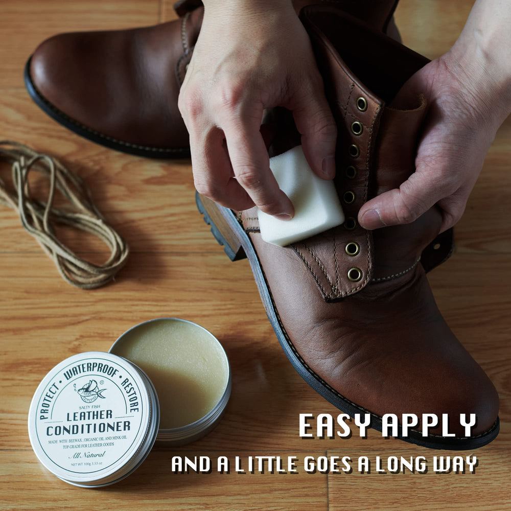 SALTY FISH leather conditioner waterproof film demonstrates water resistance on treated surfaces.