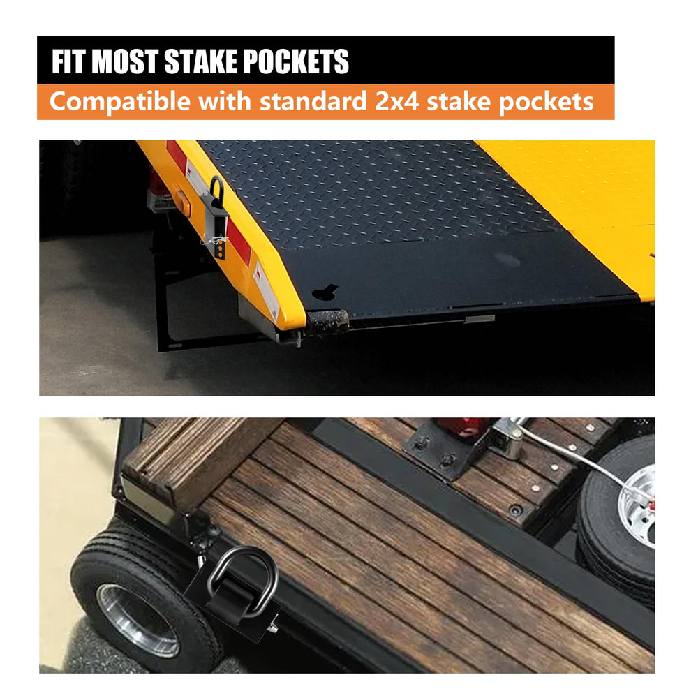 SALUINOKI stake pocket D-ring fits standard trailer pockets for versatile securing.