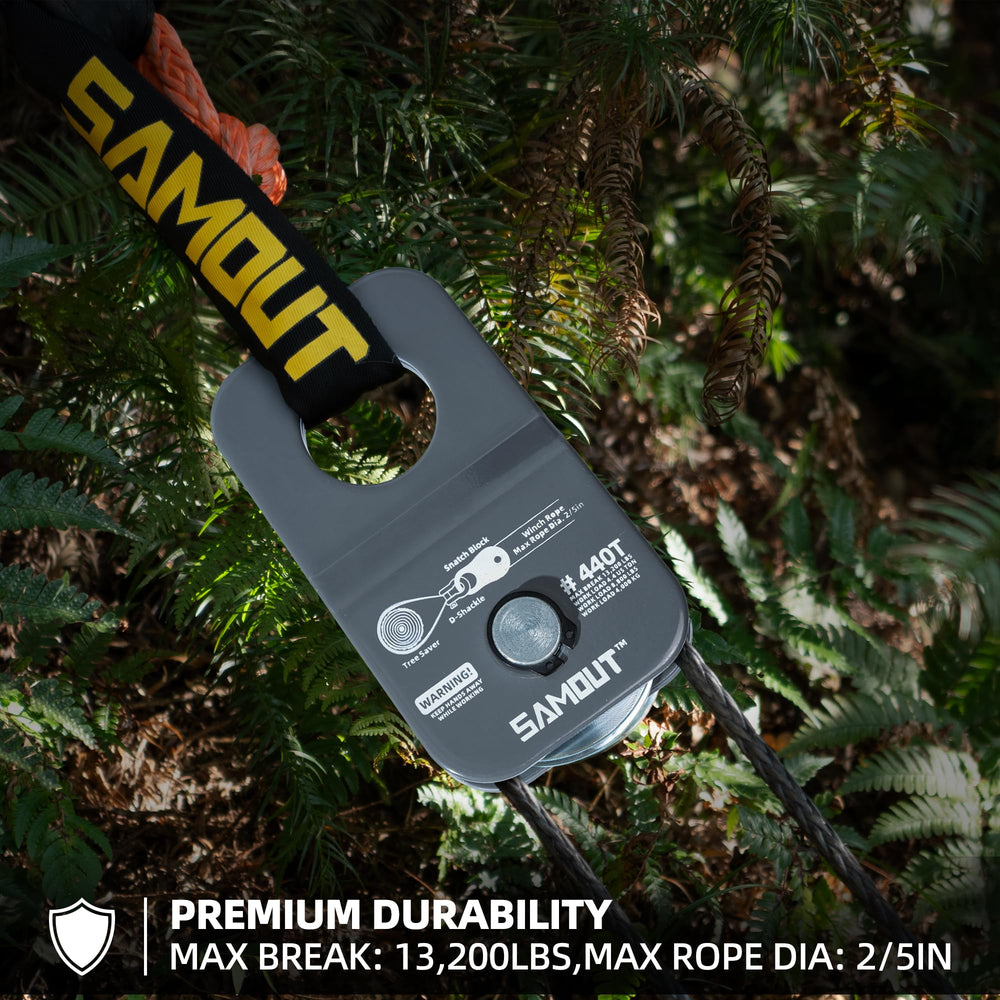 SAMOUT snatch block compatible with synthetic rope and steel cable up to 0.4 inch.