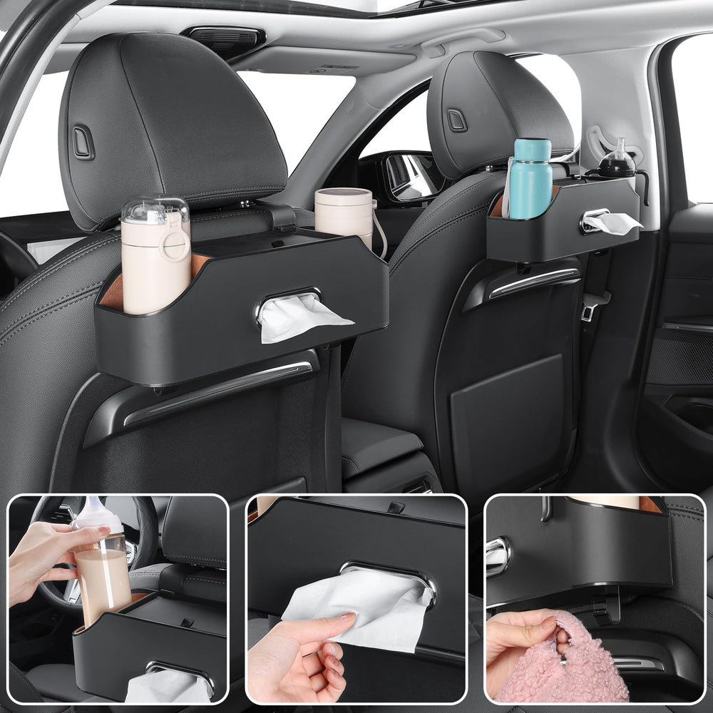 Sancaral backseat organizer installs quickly using headrest hooks.