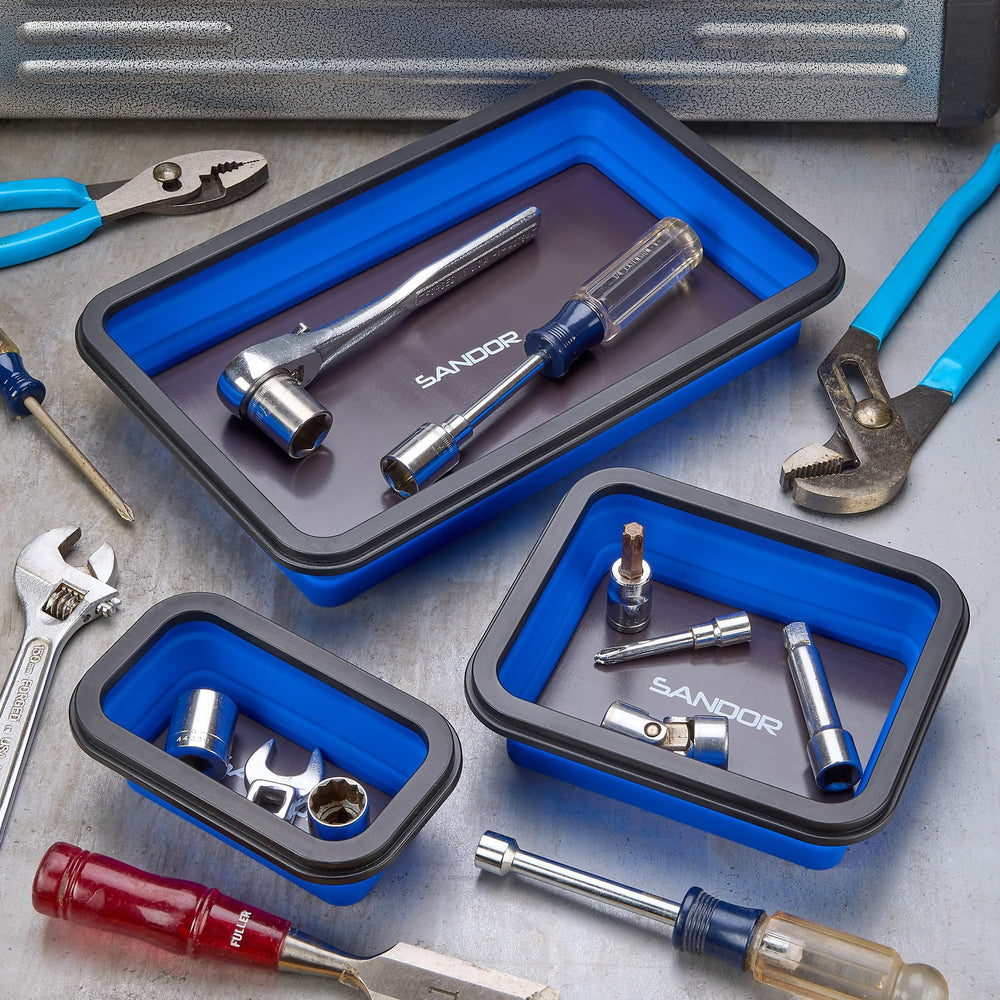 SANDOR collapsible magnetic parts tray collapsed for compact storage when not in use.