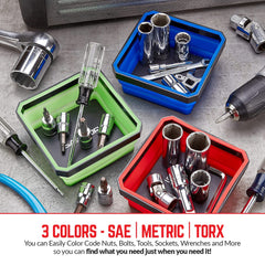 SANDOR green collapsed tray stows neatly in a toolbox