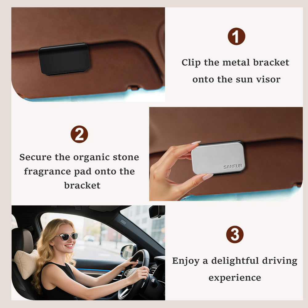 SANFUR Open Air stone air freshener on visor clip provides a fresh, light scent