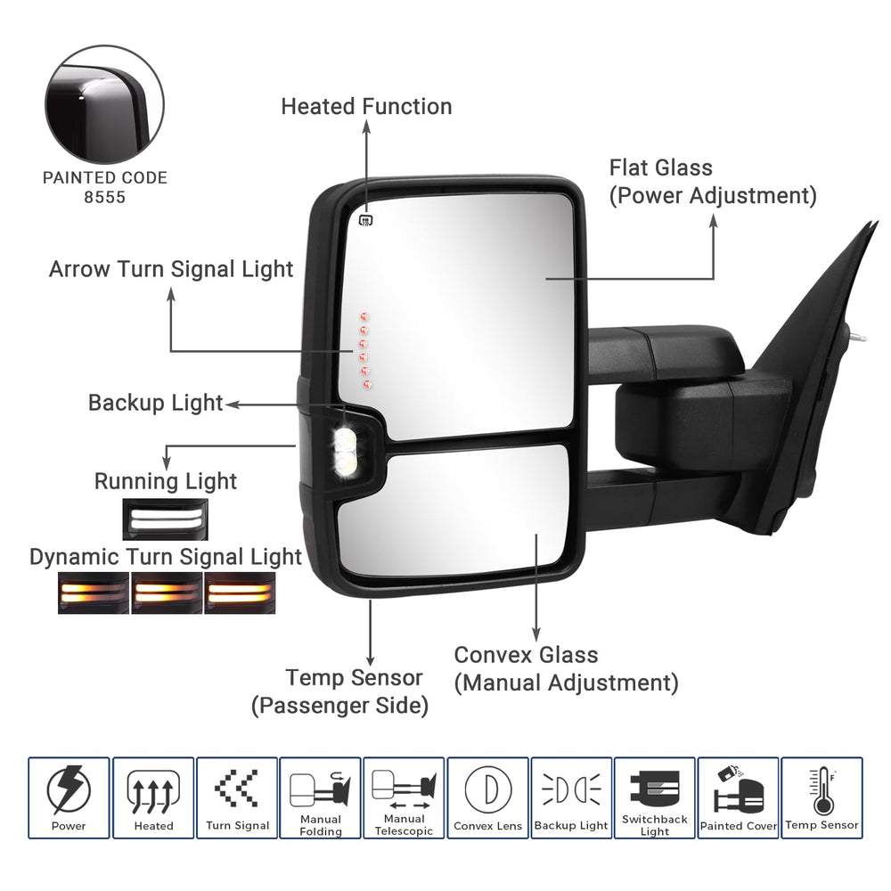 Sanooer Switchback tow mirror heated defrost clears frost for better visibility.