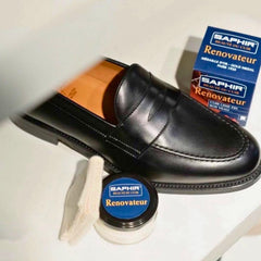 SAPHIR Leather Renovator finish enhances natural luster during brushing.