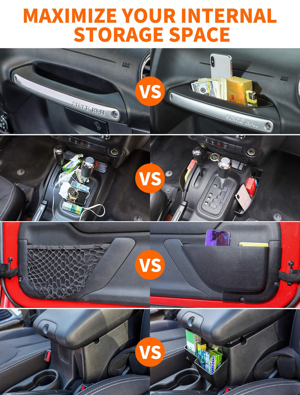 Savadicar Jeep Wrangler ABS plastic organizer for durable, tidy interiors.