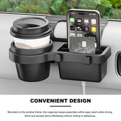 Sbulhia car window organizer in-use view with cupholder, compartments, and hooks organized