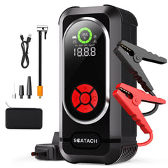 Scatach 6000A jump starter with air compressor powering a vehicle start in cold weather